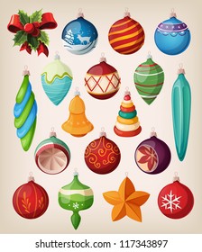 Set of vintage christmas balls. Colorful isolated icons.