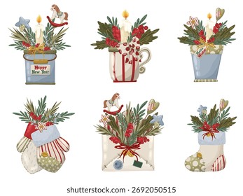 Set of vintage Christmas borders and frames featuring seasonal elements, foliage, berries, and cozy compositions. Hand drawn vector collection.
