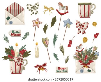 Set of vintage Christmas borders and frames featuring seasonal elements, foliage, berries, and cozy compositions. Hand drawn vector collection.
