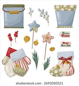 Set von vintage Weihnachtsrahmen und Rahmen mit saisonalen Elementen, Laub, Beeren und gemütlichen Kompositionen. Handgezeichnete Vektorsammlung.
