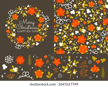 Set of vintage Christmas card, seamless pattern and botanical decorative elements - holly berry, mistletoe, Christmas tree branch, Poinsettia flower. Merry Christmas and Happy New Year wreath. Vector