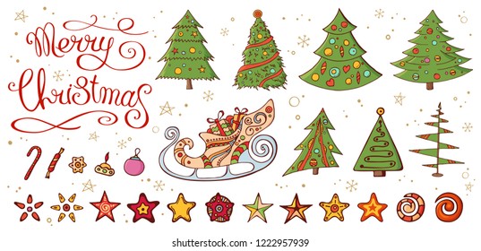 Set with vintage Christmas decoration. Festive elements, symbols for new year season design. Christmas trees, stars, candys, sleigh. Isolated on white background. Hand drawn color vector illustration.