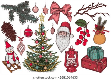  Conjunto de Elementos de diseño de Navidades vintage. Regalos, árbol de Navidad, decoración del año Nuevo. Ilustración vectorial dibujada a mano.