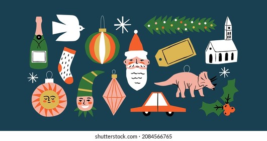 Set of vintage christmas doodle and funny xmas icons on isolated background. Quirky holiday collection, retro shapes in funny cartoon art style. Includes santa claus, champagne, holly ornament bundle.