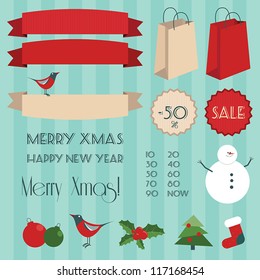 Set of vintage christmas elements (containig labels, bags, badges, christmas tree, sock, bird, snowman). EPS 10 file.