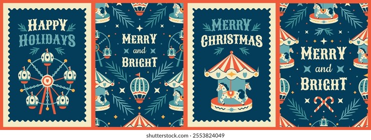 Set of vintage Christmas greeting card templates. Luna park elements, carousels, Ferris wheels, holiday decor. Nostalgia seasonal designs, invitations, stationery. Charming retro style. Bright colors