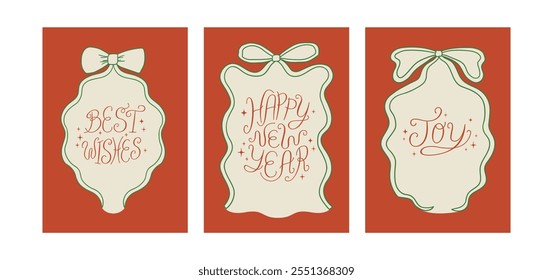 Set of vintage christmas greeting cards with wavy bow frames and hand drawn lettering. Vector illustration of ribbons and elegant calligraphy quotes best wishes, happy new year and joy