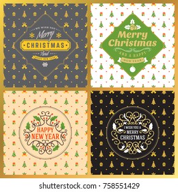 set of vintage Christmas greeting cards. Typographic retro design on seamless background. Vector Illustration