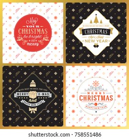 set of vintage Christmas greeting cards. Typographic retro design on seamless background. Vector Illustration