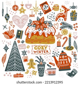 Set von Vintage-Weihnachten einzeln Elemente Kuchen, Weihnachtsbaum, Lebkuchen, Tee, Geschenke. Vektorgrafik. Winterhintergrund. Grußkarten, Druck, Design, Stoff, Porzellan und Dekoration