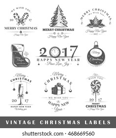 Set of vintage Christmas labels. Posters, stamps, banners and design elements. Vector illustration