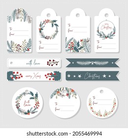 set of vintage christmas labels and tags decorated with lettering quotes, wreaths and floral elements. EPS 10