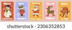 Set of vintage Christmas and New Year cards. Vector collection of retro postcards and posters with groovy style characters of Santa Claus, Rudolph, present box, snowman, and stocking with gifts.
