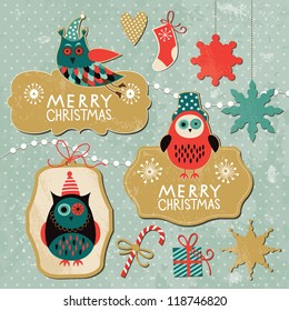 Set of Vintage Christmas and New Year elements with cute owls