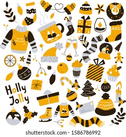 Set of vintage Christmas and New year elements for greeting card. Hand-drawn doodles decoration, pattern, ornaments. Gift boxes, balls, sweater, christmas stocking, candles, hats, tree, mugs, dessert.