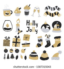 Set of vintage Christmas and New year elements for greeting card. Hand-drawn doodles decoration, pattern, ornaments. Gift boxes, balls, sweater, christmas stocking, candles, hats, tree, mugs, dessert.