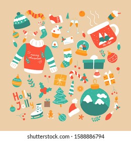 Set of vintage Christmas and New year elements for greeting card. Hand-drawn doodles decoration, pattern, ornaments. Gift boxes, balls, sweater, christmas stocking, candles, hats, tree, mugs, dessert.