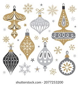 Set of vintage Christmas and New Year tree balls for greeting cards. Christmas decorative elements for your design. Vector illustration.