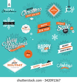 Set of vintage Christmas and New Year's stickers and elements for greeting cards, gift tags, Christmas sale, web design, product promotion, e-commerce and marketing material.