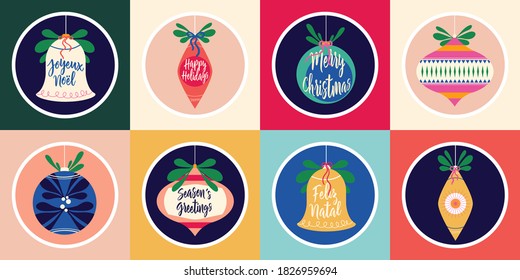 Set of Vintage Christmas Ornament Icons with Merry Christmas, Season's Greetings, Feliz Natal, and Joyeux Noel Written in Script