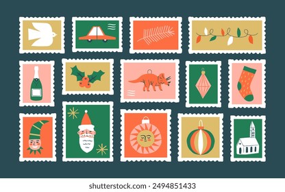 Set of vintage christmas post card stamp illustration. Retro style winter holiday postage sticker collection, xmas celebration mail postmark, festive postal label.