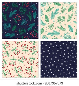 Set of vintage christmas seamless vector patterns. New Year's symbols - spruce branches, pines, rose hips, snowflakes. Collection of holiday concepts for decoration, design of cards, prints, textiles