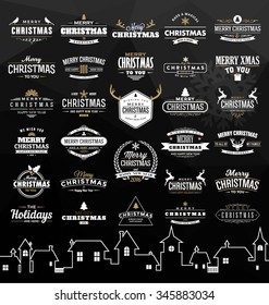 Set of Vintage Christmas signs, emblems - Vector design elements, business signs, labels, badges collection on abstract background design with triangles and town silhouette