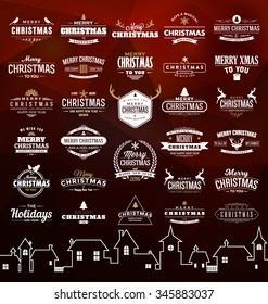 Set of Vintage Christmas signs, emblems - Vector design elements, business signs, labels, badges collection on abstract background design with triangles and town silhouette