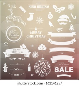 Set Of Vintage Christmas Symbols And Ribbons, With Gradient Mesh, Vector Illustration