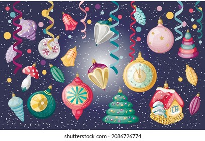 Set of vintage Christmas toys streamer confetti. Toys of the USSR. Vector illustration.