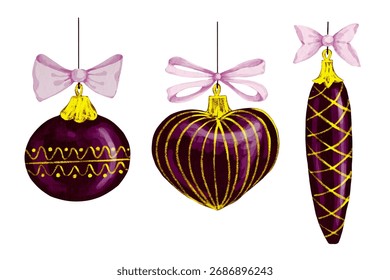 Set of vintage Christmas, Christmas tree decorations, holiday ornaments. Vector graphics.