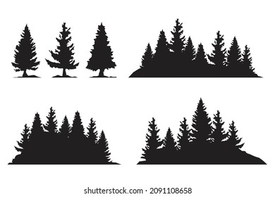 Set of vintage christmas tree and forest silhouette