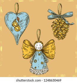 Set vintage Christmas tree toy. Heart with bells, cone and angel. Color card.. Engraving style. Vector illustration