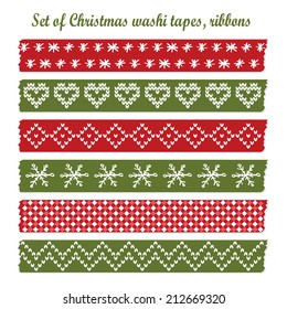 Set of vintage christmas washi tapes, ribbons, vector elements, cute design patterns
