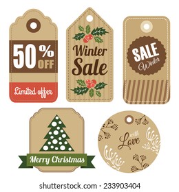 Set of vintage christmas winter gift and sale tags, labels, vector isolated objects