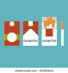 set of vintage cigarettes and open cigarette pack illustration, flat design