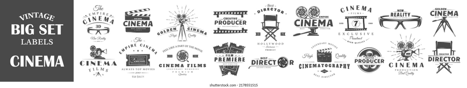 Set of vintage cinema labels. Posters, stamps, banners and design elements. Vector illustration