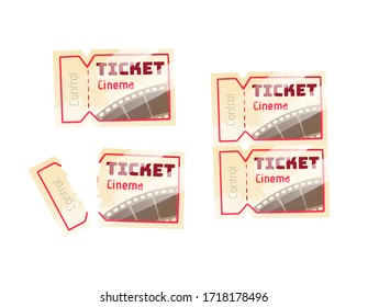 Set of vintage cinema tickets - single, doubled and with torn control part. Vector illustration of isolated objects on white