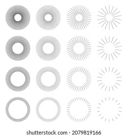 Set of Vintage Circle Sunbursts in Different Shapes. Trendy Hand Drawn Round Retro Bursting Rays Design Elements. Hipster Vector illustration 