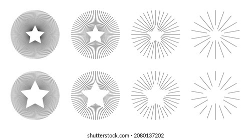 Set von Vintage Circle Sunbursts in verschiedenen Formen mit Sternen. Trendy handgezeichnete, runde Retro Bursting Rays Design Elemente. Hipster-Vektorgrafik 