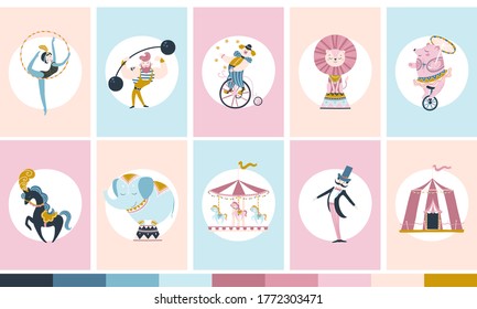 Set of vintage circus cards. Vector illustration in pastel colors. Simple hand-drawn cartoon style. Cute characters of people and trained animals, trains and rides