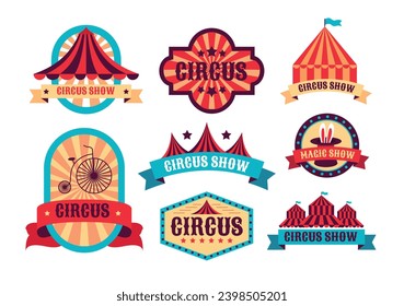 Juego de etiquetas de circo vintage y colección de carnavales, programa de animación de pancartas con etiquetas de circo, carteles de carnaval retro, carpa de circo, bicicleta, sombrero de conejo mágico, ilustración de vector