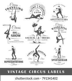 Set of vintage circus labels. Templates for the design of logos and emblems. Collection of circus symbols: clown, acrobatic, trick. Vector illustration