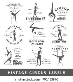 Set of vintage circus labels. Templates for the design of logos and emblems. Collection of circus symbols: trapeze, acrobatic, trick. Vector illustration