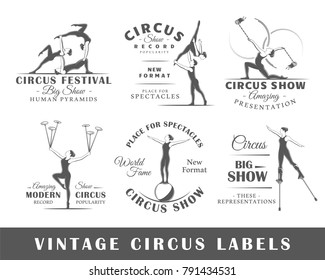 Set of vintage circus labels. Templates for the design of logos and emblems. Collection of circus symbols: human, acrobatic, trick. Vector illustration