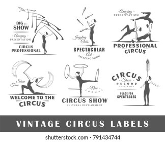 Set of vintage circus labels. Templates for the design of logos and emblems. Collection of circus symbols: human, acrobatic, trick. Vector illustration