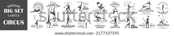 Set of vintage circus labels.
Templates for the design of logos and emblems. Collection of circus
symbols: trapeze, acrobatic, trick. Vector
illustration