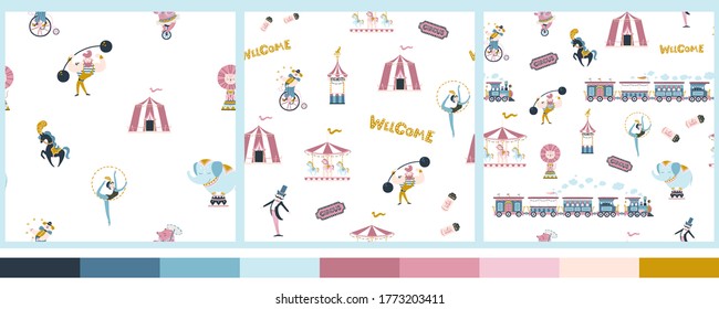 Set of vintage circus seamless patterns. Vector illustration in pastel colors. Simple hand-drawn cartoon style. Cute characters of people and trained animals, trains and rides