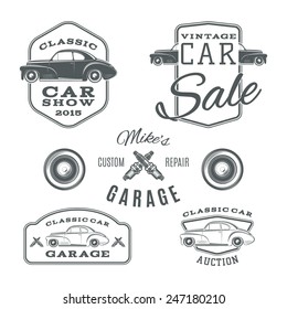 Set of vintage, classic car services labels isolated on white background. Car logo. Vintage car badge. Vector illustration.