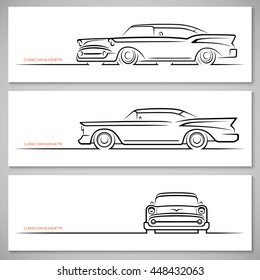 Set of vintage classic car silhouettes, outlines, contours. Front, side and 3/4 view. Vector illustration isolated on white background